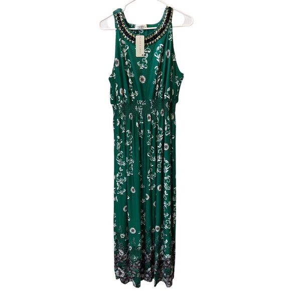 Jon & Anna Green Maxi Dress Beaded Neckline Floral Sleeveless Elastic Waist 3X - Picture 1 of 14